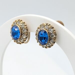Antique Early 1900s Faux Sapphire and Diamond Screw-back Cushion-Style Earrings